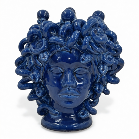 Testa di moro collezione I Miti modello Medusa monocolore blu marino Produzione artigianale di Caltagirone h.28cm