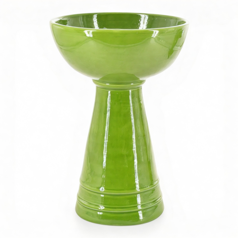Vaso a coppa retto con piede in ceramica siciliana decoro verde foglia monocolore Produzione artigianale di Caltagirone h.27cm