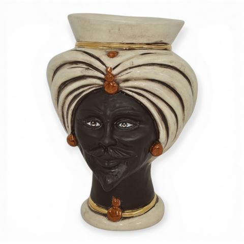 Testa di moro modello Tuareg uomo viso nero opaco corona liscia dettagli in oro e lustri madreperla Produzione artigianale di Caltagirone h.16cm
