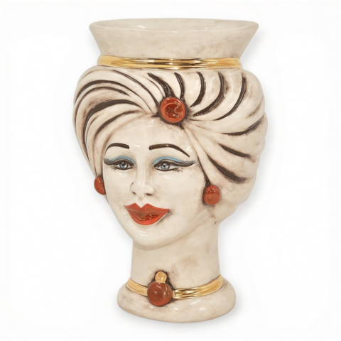 Testa di moro modello Tuareg donna corona liscia dettagli in oro e lustri madreperla antichizzato Produzione artigianale di Caltagirone h.16cm