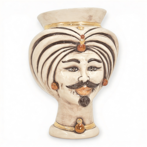 Testa di moro modello Tuareg uomo corona liscia dettagli in oro e lustri madreperla antichizzato Produzione artigianale di Caltagirone h.16cm