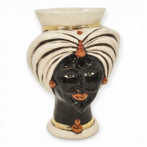 Testa di moro modello Tuareg uomo nero lucido corona dettagli oro e lustri madreperla antichizzato Produzione artigianale di Caltagirone h.16cm