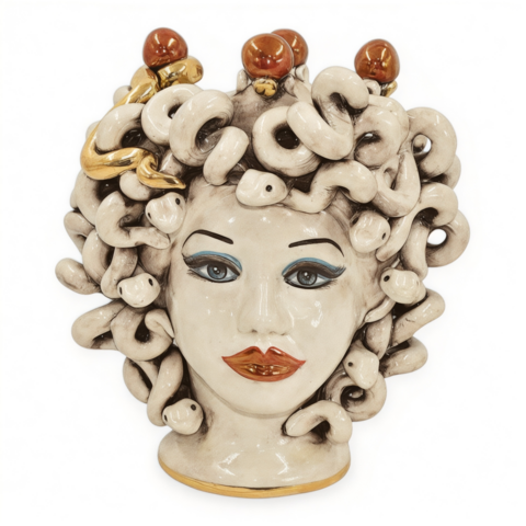 Testa di moro collezione I Miti modello Medusa dettagli oro e lustri madreperla con corona Produzione artigianale di Caltagirone h.28cm