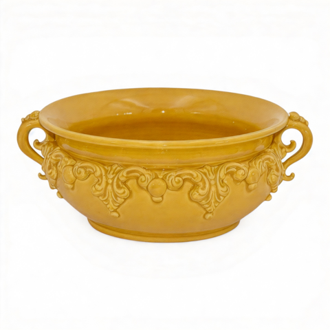 Centrotavola con manici decoro giallo senape in ceramica siciliana Produzione artigianale di Caltagirone Ceramiche Sofia monocolore