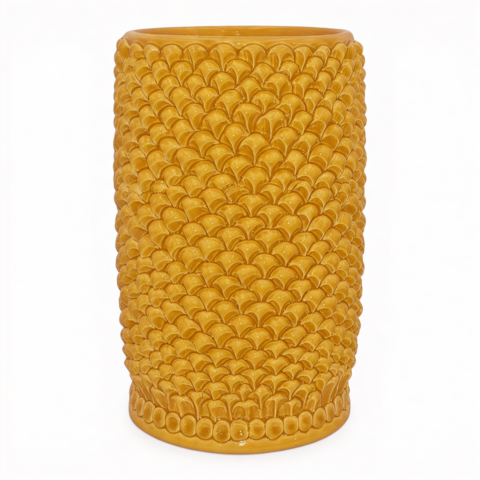 Vaso pigna a cilindro decoro giallo senape modellato a mano Produzione artigianale di Caltagirone monocolore