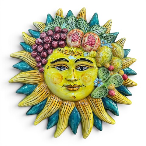 Sole da parete decoro giallo e verde ramina con frutta e fichi d'india in ceramica siciliana Produzione artigianale di Caltagirone Diametro 30cm