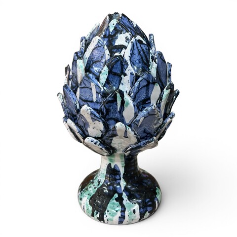 Carciofo decoro blu e bianco in ceramica siciliana Produzione artigianale di Santo Stefano di Camastra h.35cm