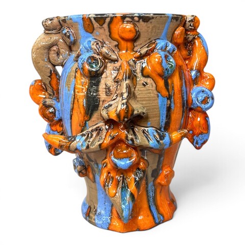 Testa di moro collezione I Miti modello Sikano decoro arancione blu e mattone Produzione artigianale di Santo Stefano di Camastra h.22cm