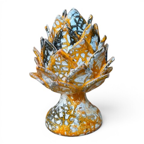 Carciofo decoro arancione e grigio effetto marmo in ceramica siciliana Produzione artigianale di Santo Stefano di Camastra h.23cm