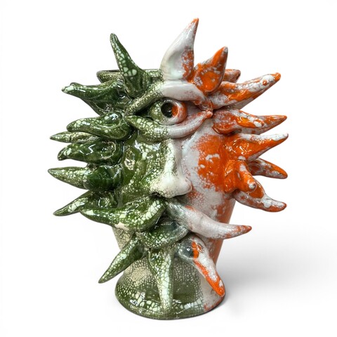Testa di moro collezione I Miti modello Polifemo verde arancione e bianco in ceramica siciliana Produzione artigianale di Santo Stefano di Camastra h.23cm