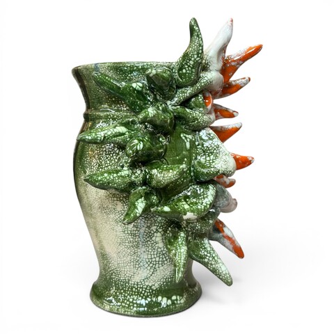 Testa di moro collezione I Miti modello Polifemo verde arancione e bianco in ceramica siciliana Produzione artigianale di Santo Stefano di Camastra h.23cm