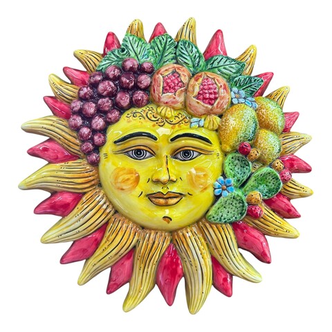 Sole da parete decoro giallo e rosso con frutta e fichi d'india in ceramica siciliana Produzione artigianale di Caltagirone Diametro 30cm