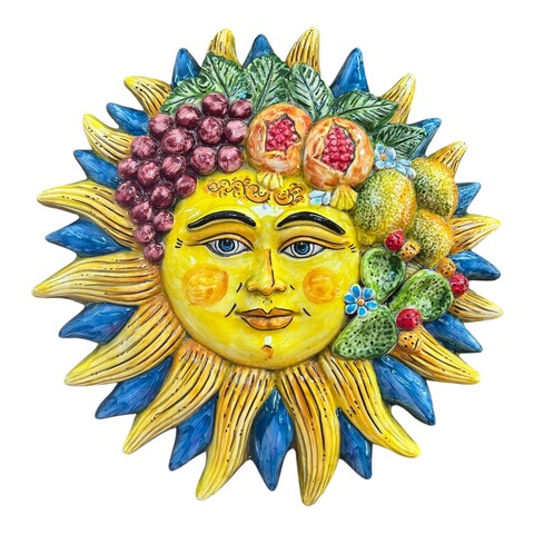 Sole da parete decoro giallo e blu con frutta e fichi d'india in ceramica siciliana Produzione artigianale di Caltagirone Diametro 30cm