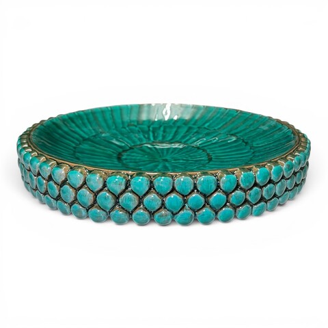 Centrotavola decoro pigna verde acqua in ceramica siciliana Produzione artigianale di Santo Stefano di Camastra Diametro 27cm