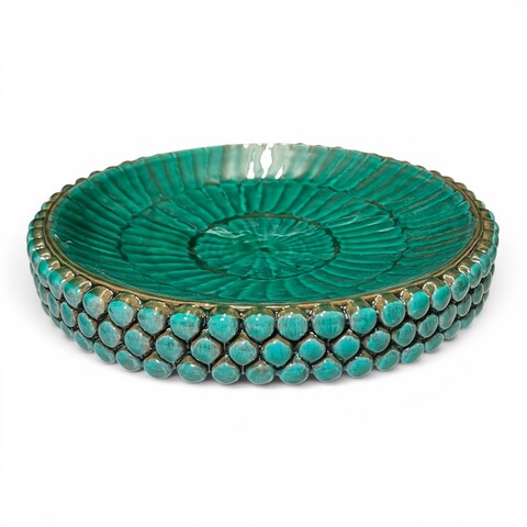 Centrotavola decoro pigna verde acqua in ceramica siciliana Produzione artigianale di Santo Stefano di Camastra Diametro 27cm