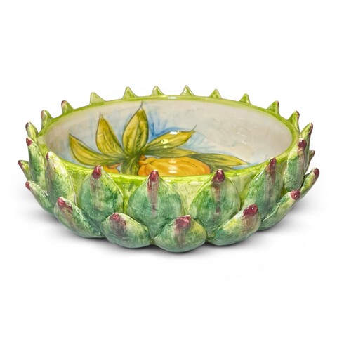 Centrotavola carciofo decoro interno limoni e fichi d'india in ceramica siciliana Produzione artigianale di Santo Stefano di Camastra Diametro 28cm