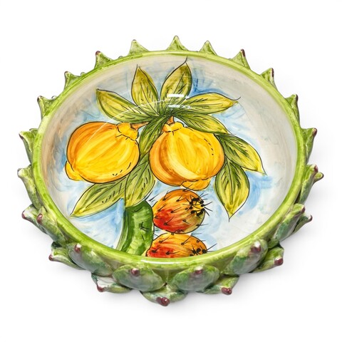 Centrotavola carciofo decoro interno limoni e fichi d'india in ceramica siciliana Produzione artigianale di Santo Stefano di Camastra Diametro 28cm