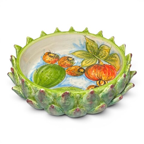 Centrotavola carciofo decoro interno fichi d'india e melograno in ceramica siciliana Produzione artigianale di Santo Stefano di Camastra Diametro 28cm