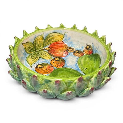 Centrotavola carciofo decoro interno fichi d'india e melograno in ceramica siciliana Produzione artigianale di Santo Stefano di Camastra Diametro 28cm