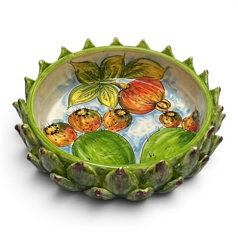 Centrotavola carciofo decoro interno fichi d'india e melograno in ceramica siciliana Produzione artigianale di Santo Stefano di Camastra Diametro 28cm