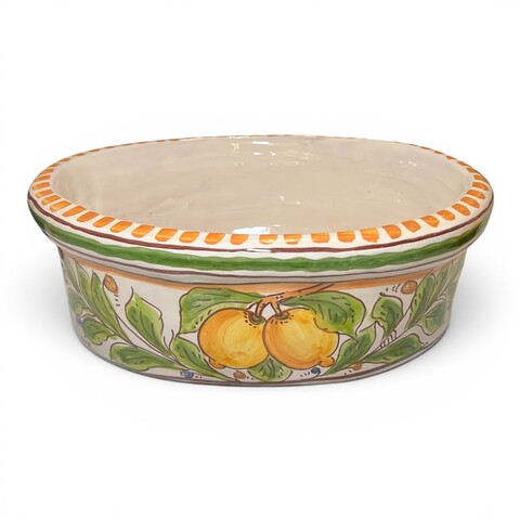 Fioriera cachepot ovale decoro limoni verde in ceramica siciliana Produzione artigianale di Santo Stefano di Camastra Lunghezza 32cm