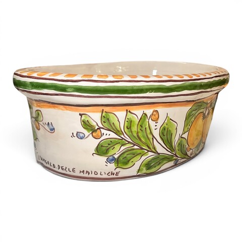 Fioriera cachepot ovale decoro limoni verde in ceramica siciliana Produzione artigianale di Santo Stefano di Camastra Lunghezza 32cm