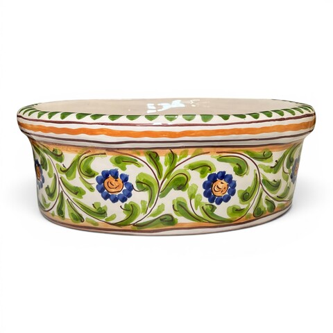 Fioriera cachepot ovale decoro floreale in ceramica siciliana Produzione artigianale di Santo Stefano di Camastra Lunghezza 32cm