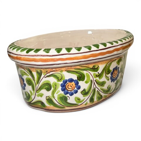 Fioriera cachepot ovale decoro floreale in ceramica siciliana Produzione artigianale di Santo Stefano di Camastra Lunghezza 32cm