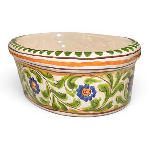 Fioriera cachepot ovale decoro floreale in ceramica siciliana Produzione artigianale di Santo Stefano di Camastra Lunghezza 32cm