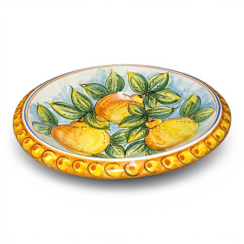 Ciotola centrotavola decoro limoni in ceramica siciliana Produzione artigianale di Santo Stefano di Camastra Diametro 30cm