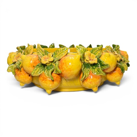 Centrotavola con applicazione limoni foglie e fiori in ceramica siciliana Produzione artigianale di Santo Stefano di Camastra Diametro 40cm
