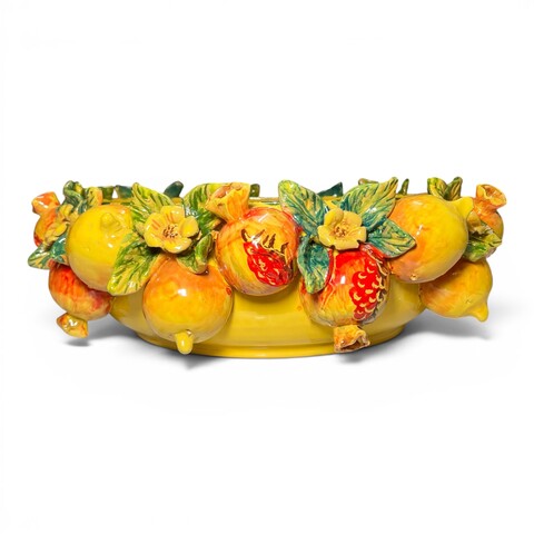 Centrotavola con applicazioni limoni melograni foglie e fiori in ceramica siciliana Produzione artigianale di Santo Stefano di Camastra Diametro 40cm