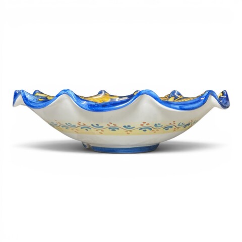 Centrotavola smerlato decoro ornato con limoni fondo blu in ceramica siciliana Produzione artigianale di Santo Stefano di Camastra Diametro 30cm