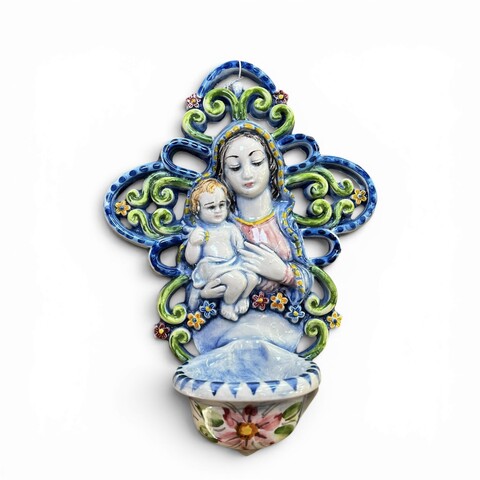 Acquasantiera con Madonna e Gesù bambino decoro blu e verde in ceramica siciliana Produzione artigianale di Santo Stefano di Camastra 20x15cm