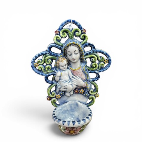 Acquasantiera con Madonna e Gesù bambino decoro blu e verde in ceramica siciliana Produzione artigianale di Santo Stefano di Camastra 20x15cm