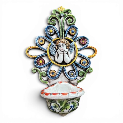 Acquasantiera con Angioletto con fiori in ceramica siciliana vari decori Produzione artigianale di Santo Stefano di Camastra 20x13cm