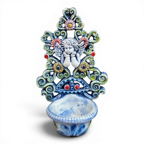 Acquasantiera con Angioletto con fiori in ceramica siciliana vari decori Produzione artigianale di Santo Stefano di Camastra 18x12