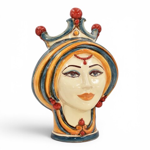 Testa di moro donna con corona decoro Sicily in ceramica siciliana Produzione artigianale di Caltagirone h.30cm