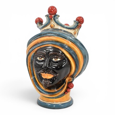 Testa di moro uomo viso nero con corona decoro Sicily in ceramica siciliana Produzione artigianale di Caltagirone h.30cm