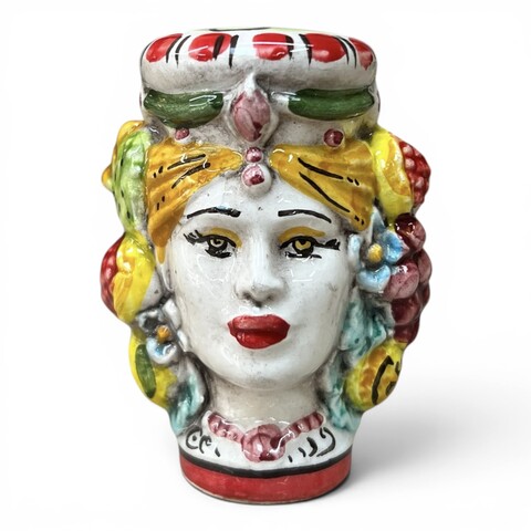 Teste di moro Sale e Pepe decoro fichi d'india e frutta in ceramica siciliana Produzione artigianale di Caltagirone h.9cm