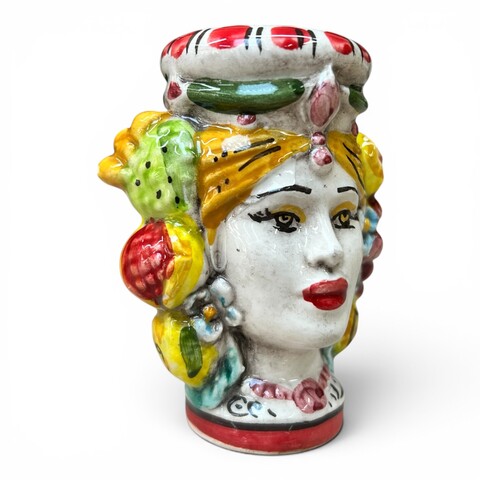 Teste di moro Sale e Pepe decoro fichi d'india e frutta in ceramica siciliana Produzione artigianale di Caltagirone h.9cm