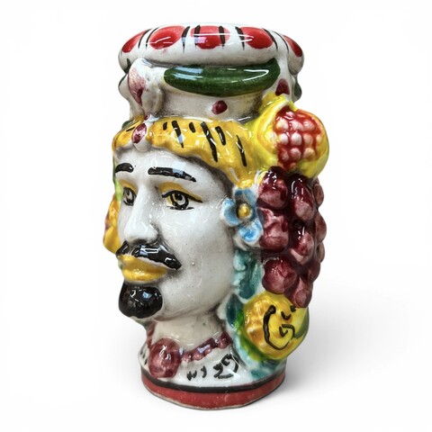Teste di moro Sale e Pepe decoro fichi d'india e frutta in ceramica siciliana Produzione artigianale di Caltagirone h.9cm