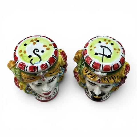 Teste di moro Sale e Pepe decoro fichi d'india e frutta in ceramica siciliana Produzione artigianale di Caltagirone h.9cm