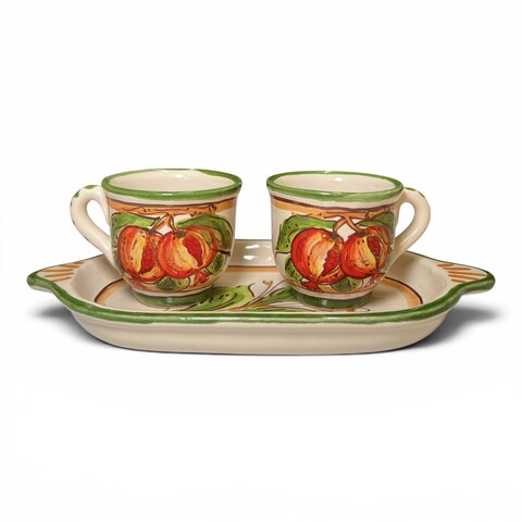 Set caffè due tazzine tête-à-tête con vassoio decoro melograni popolare in ceramica siciliana Produzione artigianale di Santo Stefano di Camastra lunghezza 20cm