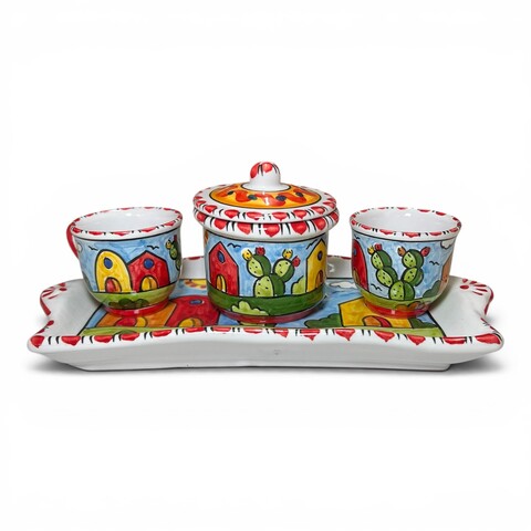 Set caffè due tazzine tête-à-tête con vassoio e zuccheriera decoro naif case e fichi d'india Produzione artigianale di Santo Stefano di Camastra lunghezza 30cm