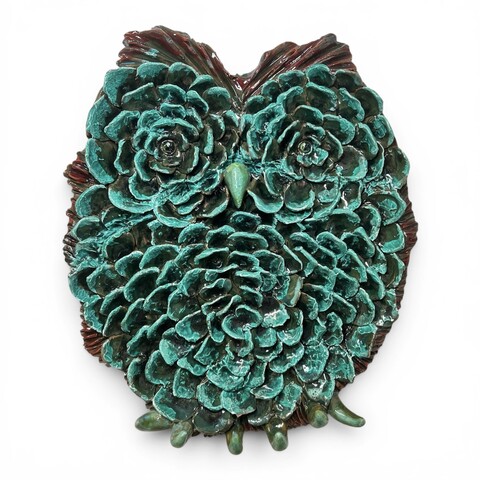 Gufo portachiavi da parete decoro verde ramina in ceramica siciliana Produzione artigianale di Palermo h.35cm