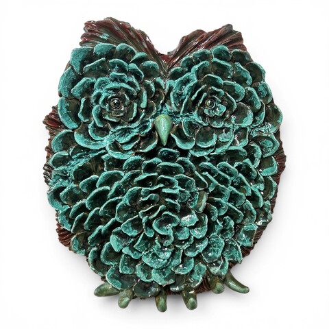 Gufo portachiavi da parete decoro verde ramina in ceramica siciliana Produzione artigianale di Palermo h.35cm