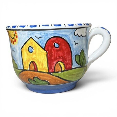 Tazza da latte, tè o tisana con manico decoro naif case e fichi d'india in ceramica siciliana Produzione artigianale di Santo Stefano di Camastra h.13cm