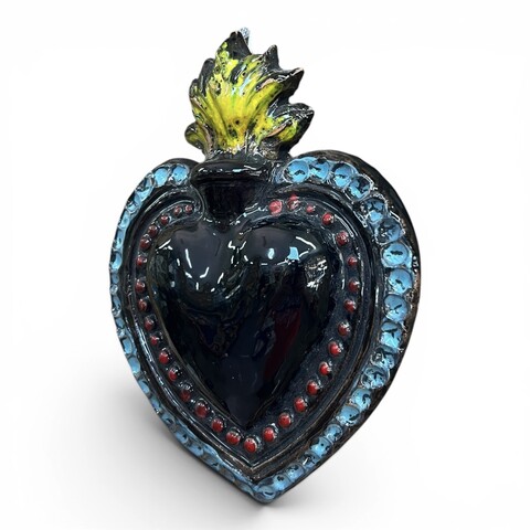 Cuore Sacro Ex Voto da parete decoro nero azzurro e rosso in ceramica siciliana Produzione artigianale di Palermo h.17cm