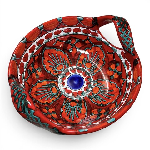 Centrotavola con manici decoro floreale in ceramica rossa siciliana Produzione artigianale di Santo Stefano di Camastra Diametro 30cm
